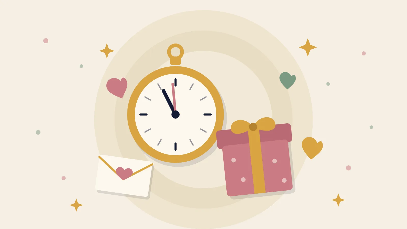 A paper-cut style illustration of a gold pocket watch with its hands at five minutes to midnight, beside a dusty rose gift box with a gold bow, a sealed love note, and floating hearts and sparkles on a cream background.
