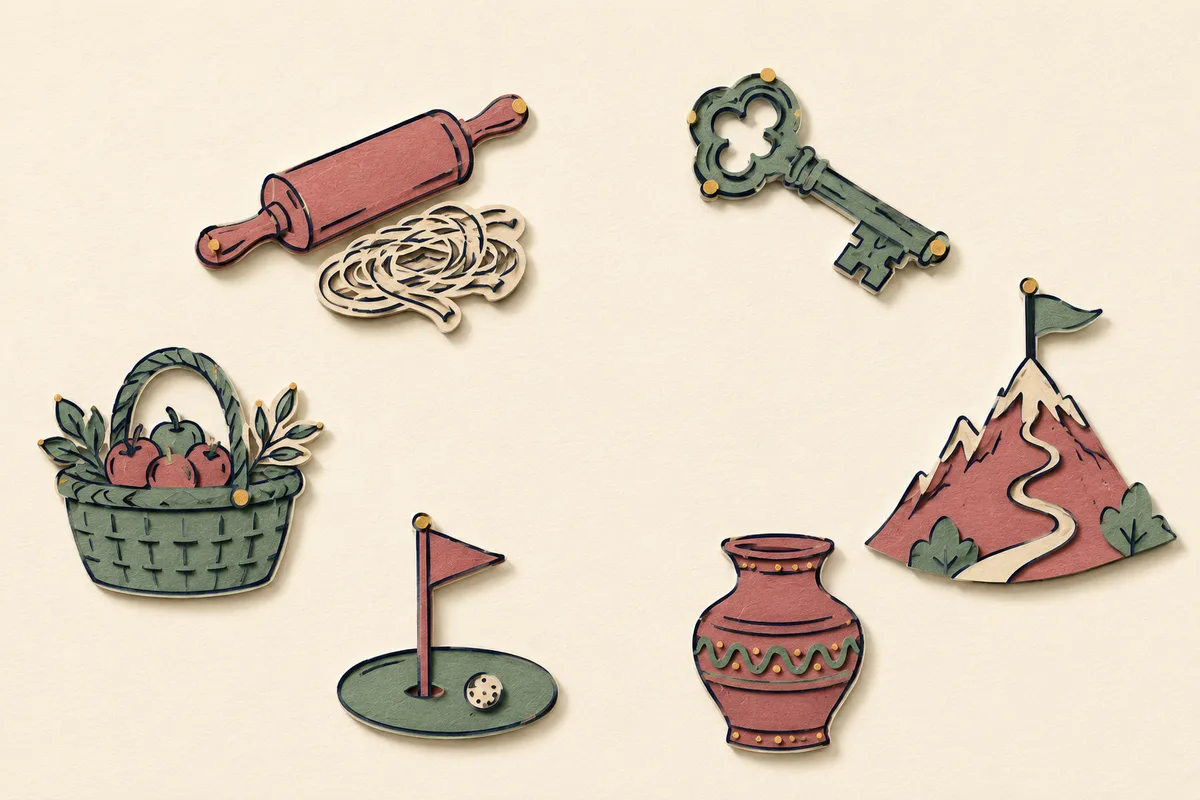 Six layered paper-cut icons for activity-based second dates on a cream background: a rolling pin with fresh pasta, an antique key, a snow-capped mountain trail with a summit flag, a basket of apples, a mini golf flag beside a ball, and a painted pottery vase.