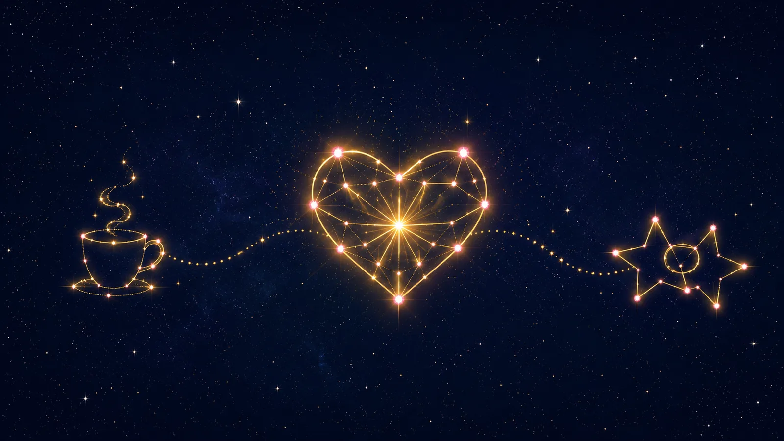 A dotted golden constellation path across a night sky connecting a steaming coffee cup, a brightly glowing heart, and two intertwined stars, with the heart at the center shining brightest.