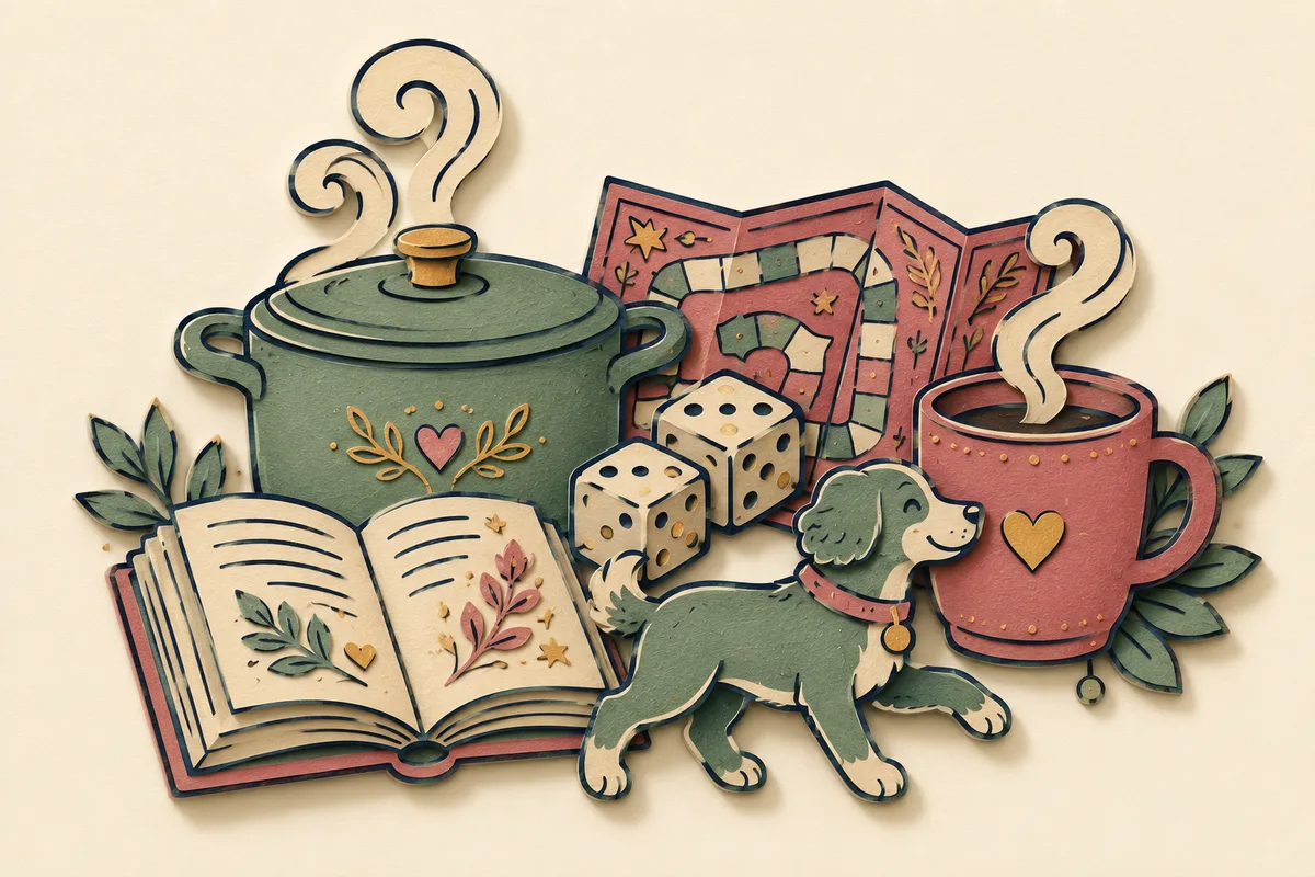A cozy layered paper-cut scene of a low-key date night: a steaming green cooking pot, a folded board game with dice, an open book pressed with leaves, a pink mug with a gold heart, and a small dog trotting through the middle.