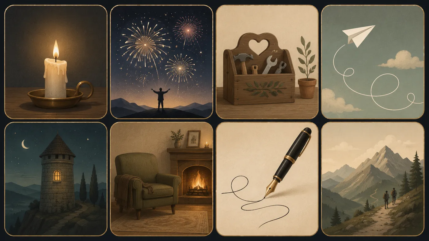 A grid of eight illustrated panels, one per Love Type archetype: a burning candle, fireworks, a heart-handled toolbox, a looping paper plane, a stone tower, a cozy armchair, a fountain pen, and two hikers on a trail.