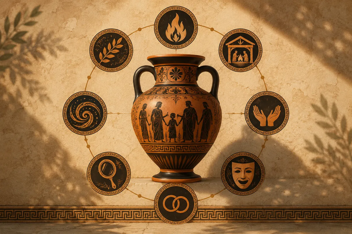 An ancient Greek amphora surrounded by eight small motifs representing the Greek types of love, arranged like a colour wheel.