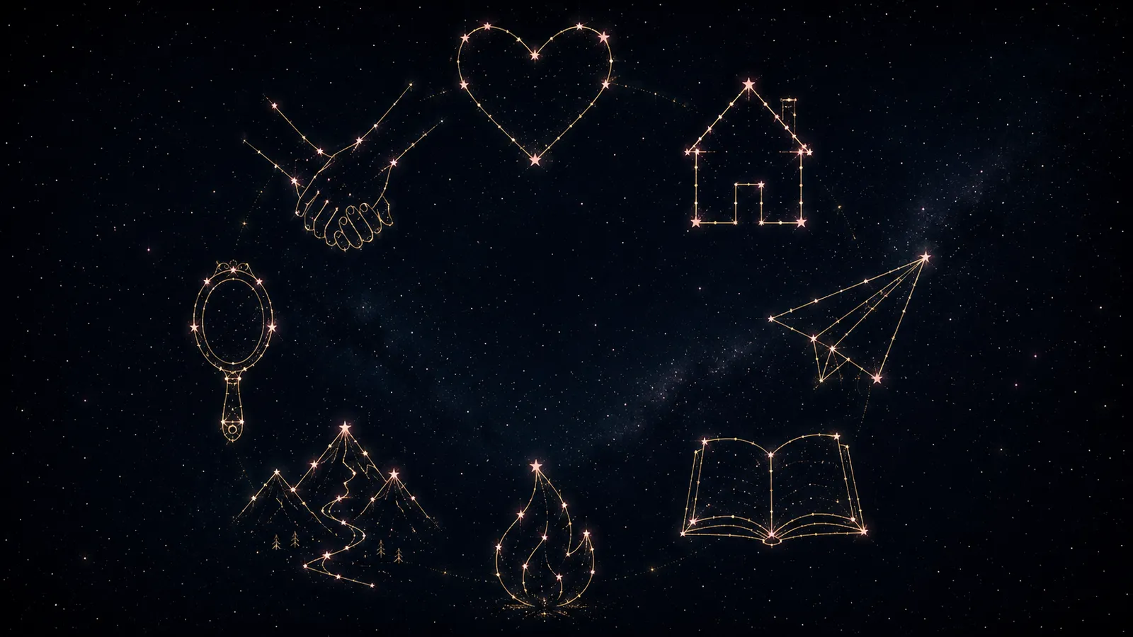 Eight constellations forming symbols of the eight types of love — a heart, clasped hands, a house, a flame and more — connected by golden lines on a night sky.