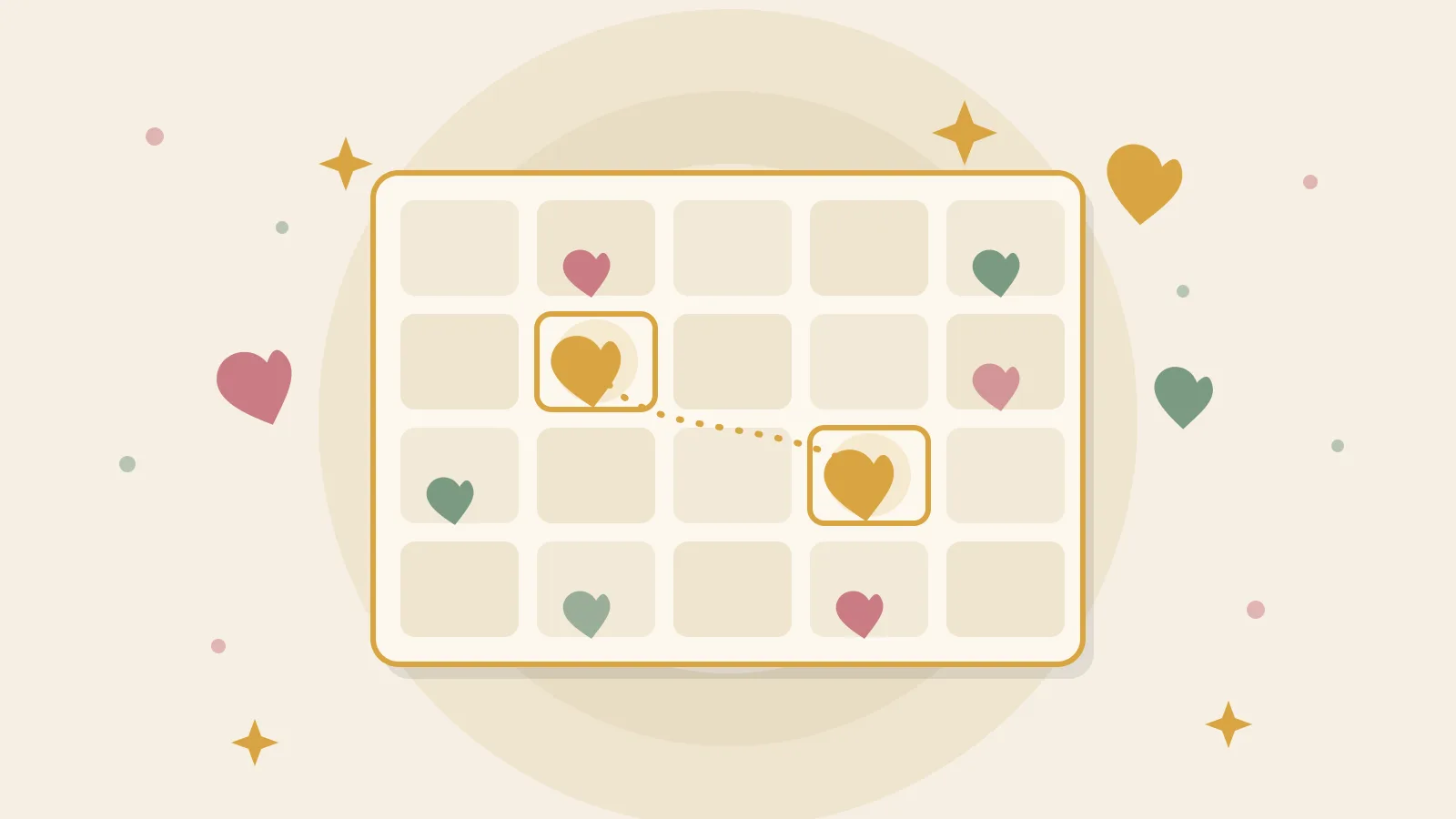 A paper-cut style grid of small parchment tiles, several marked with gold, rose, and sage hearts, with a golden thread connecting two glowing heart tiles across the matrix.